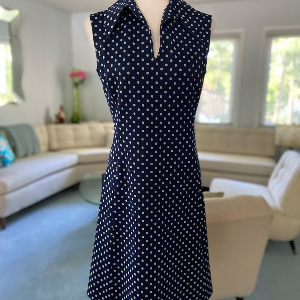 Vintage Navy Blue Polka Dot Sleeveless Shift Dress